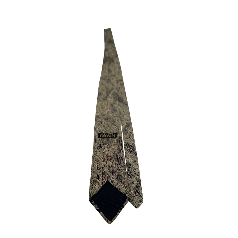 Studio Bugatti Mens Gold Black Paisley Striped 100% Italian Silk Tie Made in USA